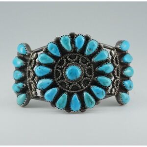 Old Pawn Native American Indian Sterling Silver Turquoise Cluster Cuff Bracelet